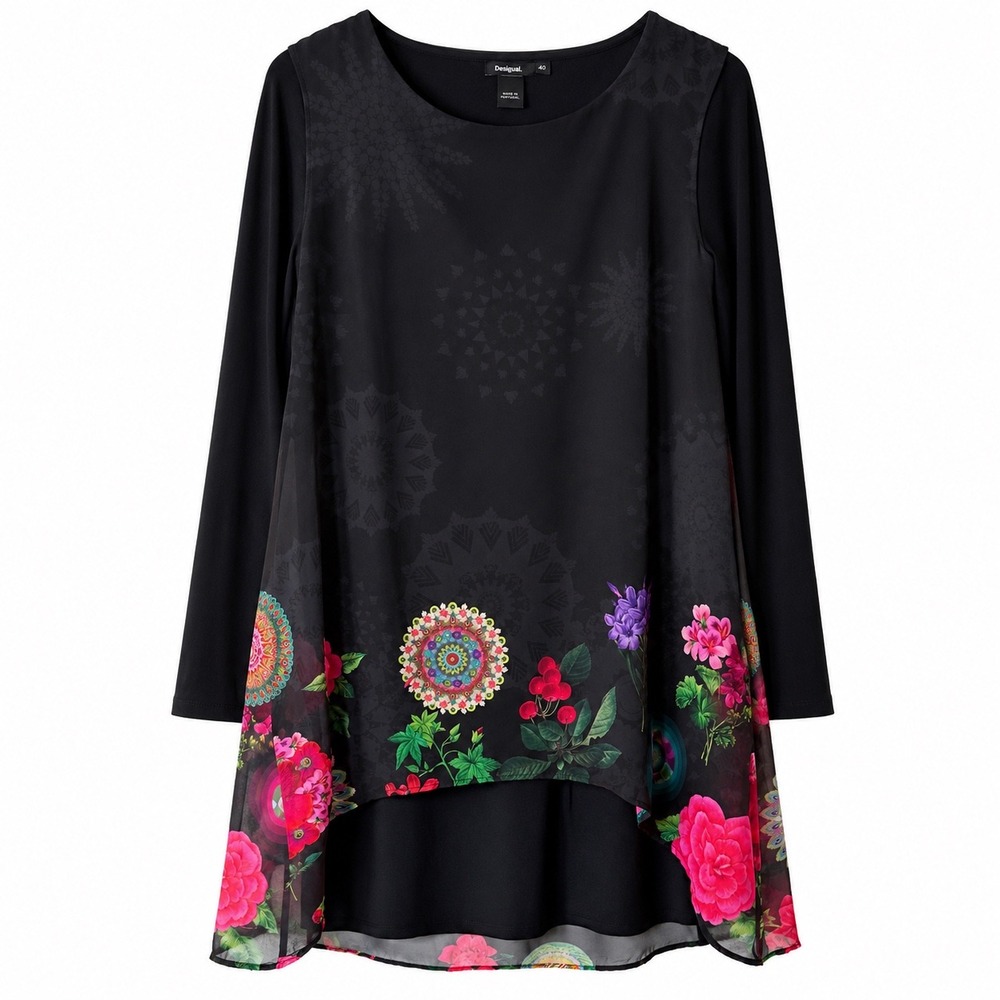 Desigual Black Floral Mandala Print Long Sleeve High Low Tunic Dress Size 40